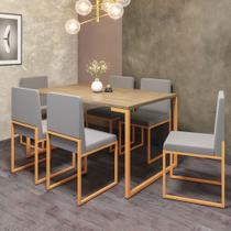 Conjunto de Jantar Stan Industrial Mesa Quadrada 150x90cm Com 6 Cadeiras Ferro Dourado Tampo Imbuia Sintético Cinza - Ahz Móveis