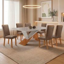 Conjunto de Jantar Yasmin Lira 6 Lugares Tampo em MDF com Vidro Serigrafado Veludo Capuccino Moderna