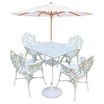 Conjunto De Jardim Com Mesa Quadrada 4 Cadeiras E Guarda Sol Branco