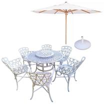 Conjunto De Jardim Viena Mesa 1,25m Giratória 6 Cadeiras E Guarda Sol Branco