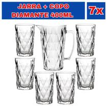 Conjunto de Jarra Diamond 1 Litro e kit 6 Copos Diamante Vidro 400ml