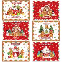 Conjunto de jogos americanos de Natal de 6 tapetes de mesa de plástico retrô de Natal para padaria de Natal Gingerbread House Place Tapetes Decoração de mesa de férias de inverno para festas internas e externas, cozinha e jantar