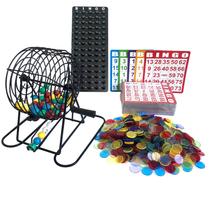 Conjunto de jogos de bingo Yuanhe Deluxe com gaiola de metal, 500 fichas e 100 cartas