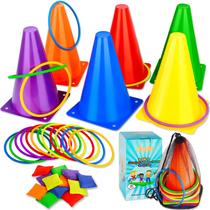 Conjunto de jogos de carnaval Eocolz 3 em 1 com cones, pufes e anéis Conjunto de jogos de carnaval Eocolz 3 em 1 com cones, pufes e anéis
