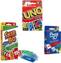 Conjunto de jogos de cartas Mattel Skip Bo, Uno e Phase 10