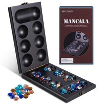 Conjunto de jogos de tabuleiro Mancala BIVOMON de madeira com pedras de vidro Conjunto de jogos de tabuleiro Mancala BIVOMON de madeira com pedras de vidro