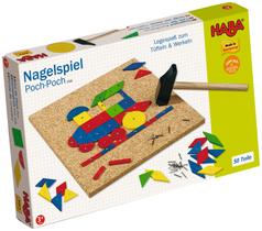 Conjunto de jogos HABA Geo Shape Tack Zap com quadro de cortiça, martelo e 50 ladrilhos