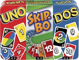 Conjunto de jogos Mattel Games UNO, Skip-Bo e DOS com caixa de lata de armazenamento