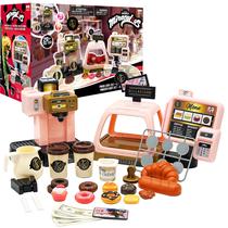 Conjunto de jogos Miraculous Ladybug Cafe, máquina de café Pretend Role Play, caixa registradora interativa com som e luz brinquedos para crianças com acessórios de cozinha, padaria, notas e moedas