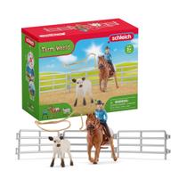 Conjunto de jogos Schleich Farm World Rodeo Roping com cowgirl e vaca