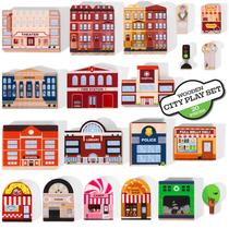 Conjunto de jogos urbano de madeira Zany Trains com 20 edifícios e placas