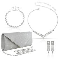 Conjunto de joias Clutch Bag Ubysoyi Silver Strass para mulheres Conjunto de joias Clutch Bag Ubysoyi Silver Strass para mulheres