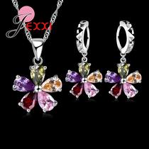 Conjunto De Joias Coloridas Com Cristais CZ, Colar De Prata Esterlina 925, Brincos De Argola E Conjunto De Joias Coloridas Com Cristais CZ, Colar De Prata Esterlina 925, Brincos De Argola E