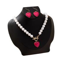 Conjunto De Joias Com Colar De Pérola E Brincos Em Forma De Coração Vermelho Rosa Para Uso Diário E