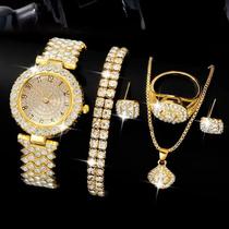 Conjunto de Jóias com Relógio de Quartzo Dourado e Diamantes para Senhoras