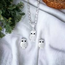 Conjunto de joias Corujas de prata fina com zircões para mulheres