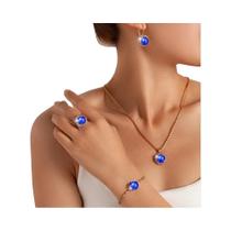 Conjunto De Joias De 5 Peças De Cristal Verde Feminino Colar Pulseira Brinco Anel Temperamento