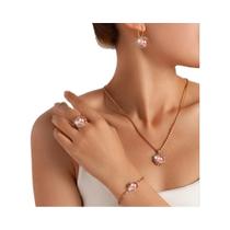 Conjunto De Joias De 5 Peças De Cristal Verde Feminino Colar Pulseira Brinco Anel Temperamento