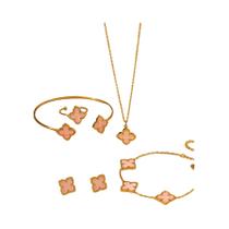 Conjunto De Joias De Aço Inoxidável Trevo De Quatro Folhas: Colar, Pulseira, Anel E Brincos Moda