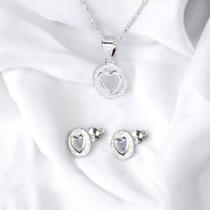 Conjunto de joias de corações de prata fina com zircões