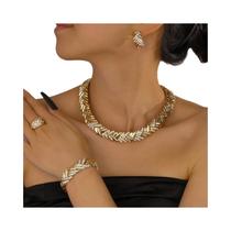 Conjunto De Joias De Noiva Banhado a Ouro 18k Para Mulheres: Colar Choker, Brincos E Anéis Estilo Conjunto De Joias De Noiva Banhado a Ouro 18k Para Mulheres: Colar Choker, Brincos E Anéis Estilo
