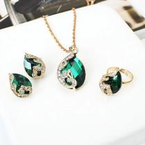 Conjunto De Joias De Pedra Azul Para Mulheres 3PCS Colar Anel Brinco Integrado Simples E Elegante