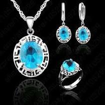 Conjunto de joias de prata esterlina com pedra de cristal azul, anel 20