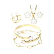 Conjunto De Joias Em Metal Dourado Para Mulheres: Colar, Brincos, Anel, Pulseira E Bracelete