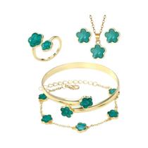 Conjunto De Joias Em Metal Dourado Para Mulheres: Colar, Brincos, Anel, Pulseira E Bracelete