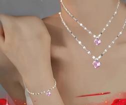Conjunto de Joias em Prata 925 com Cristais Rosa Colar Duplo e Pulseira Delicados Conjunto de Joias em Prata 925 com Cristais Rosa Colar Duplo e Pulseira Delicados