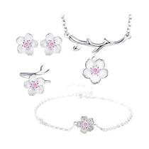 Conjunto De Joias Em Zircônia Cúbica Com Flor De Cerejeira Prateada Para Mulheres, Colar, Pulseira,