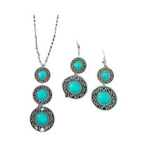 Conjunto De Joias Étnicas Boho Em Prata Antiga Com Turquesa, Brincos Geométricos E Colar