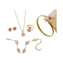 Conjunto De Joias Femininas Com Flores 5 Peças Colar Pulseira Brincos Anel Sorte Em Cinco Pétalas Conjunto De Joias Femininas Com Flores 5 Peças Colar Pulseira Brincos Anel Sorte Em Cinco Pétalas