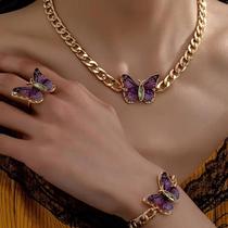 Conjunto de Joias Femininas de Três Peças: Design Colorido de Borboleta em Acrílico Roxo