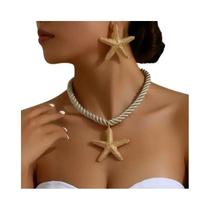 Conjunto De Joias Femininas De Verão Com Tema Oceano: Colar E Brincos De Estrela-do-mar E Concha Com Conjunto De Joias Femininas De Verão Com Tema Oceano: Colar E Brincos De Estrela-do-mar E Concha Com