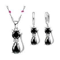 Conjunto De Joias Femininas Em Prata Esterlina 925 Com Pingente De Gato Em Cristal Brilhante E