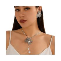 Conjunto De Joias Femininas Românticas Com Colar Choker De Pérolas E Brincos De Flor, Corrente De