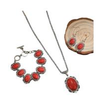 Conjunto De Joias Femininas Vintage Antigo Prata Pedra Vermelha Pingente Colar Pulseira Brincos