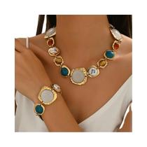 Conjunto De Joias Geométricas Vintage Multicoloridas Em Metal, Braceletes Chunky E Colar, Presentes