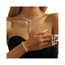Conjunto De Joias Glamour Com Cristais E Franjas Banhado a Ouro Para Mulheres - 4 Peças: Colar