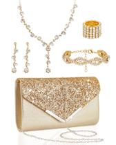 Conjunto de Joias Henoyso Bolsa Clutch Dourada com Strass 24x14cm