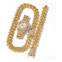 Conjunto de joias Hip Hop Lindo, pulseira, colar, relógio para homens