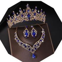 Conjunto de joias Kamirola, tiaras e coroas femininas douradas e azuis