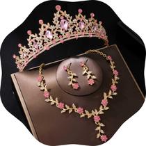 Conjunto de joias Kamirola, tiaras e coroas para mulheres, dourado, rosa