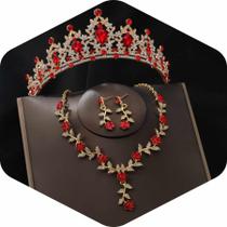 Conjunto de joias Kamirola, tiaras e coroas para mulheres, dourado, vermelho