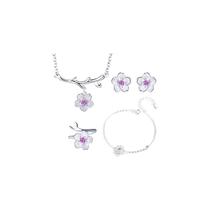 Conjunto de joias: prata 925, flores roxas, colar, argolas, pulseira