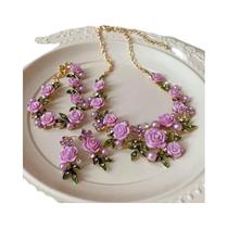 Conjunto De Joias Românticas Femininas Com Rosa, Colar, Pulseira E Brincos Em Rosa E Roxo Para Conjunto De Joias Românticas Femininas Com Rosa, Colar, Pulseira E Brincos Em Rosa E Roxo Para