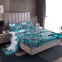 Conjunto de lençóis de cama queen size, rústico, floral, azul, borboletas Conjunto de lençóis de cama queen size, rústico, floral, azul, borboletas