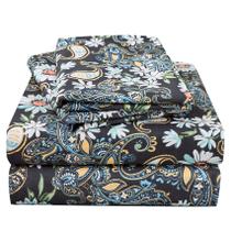 Conjunto de lençóis JSD Black Paisley com estampa floral Cal King de 4 peças