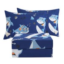Conjunto de lençóis JSD Blue Shark Surfing Kids, tamanho completo, 4 peças